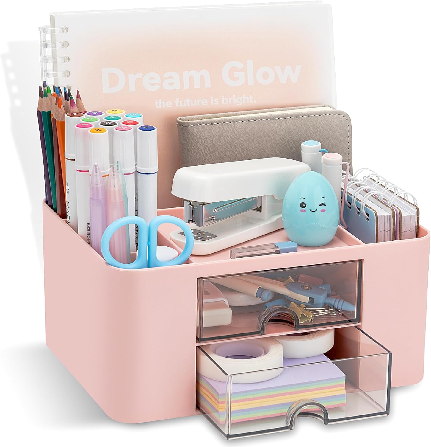 RISEMART Desk Organiser with 2 Drawers, Desk Tidy Organiser with Pen Holder, Large Capacity Desktop Organizer Stationery Storage Box for School Office Home Makeup Desk Supplies (Pink)