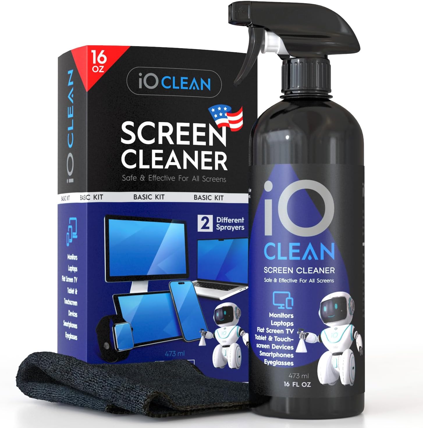 Screen Cleaner Spray (16oz - 473ml) Best Large Cleaning Kit for LCD LED OLED TV, Smartphone, iPad, Laptop, Touchscreen, Computer Monitor, Other Electronic Devices, Microfiber Cloth Wipes and 2 Nozzles