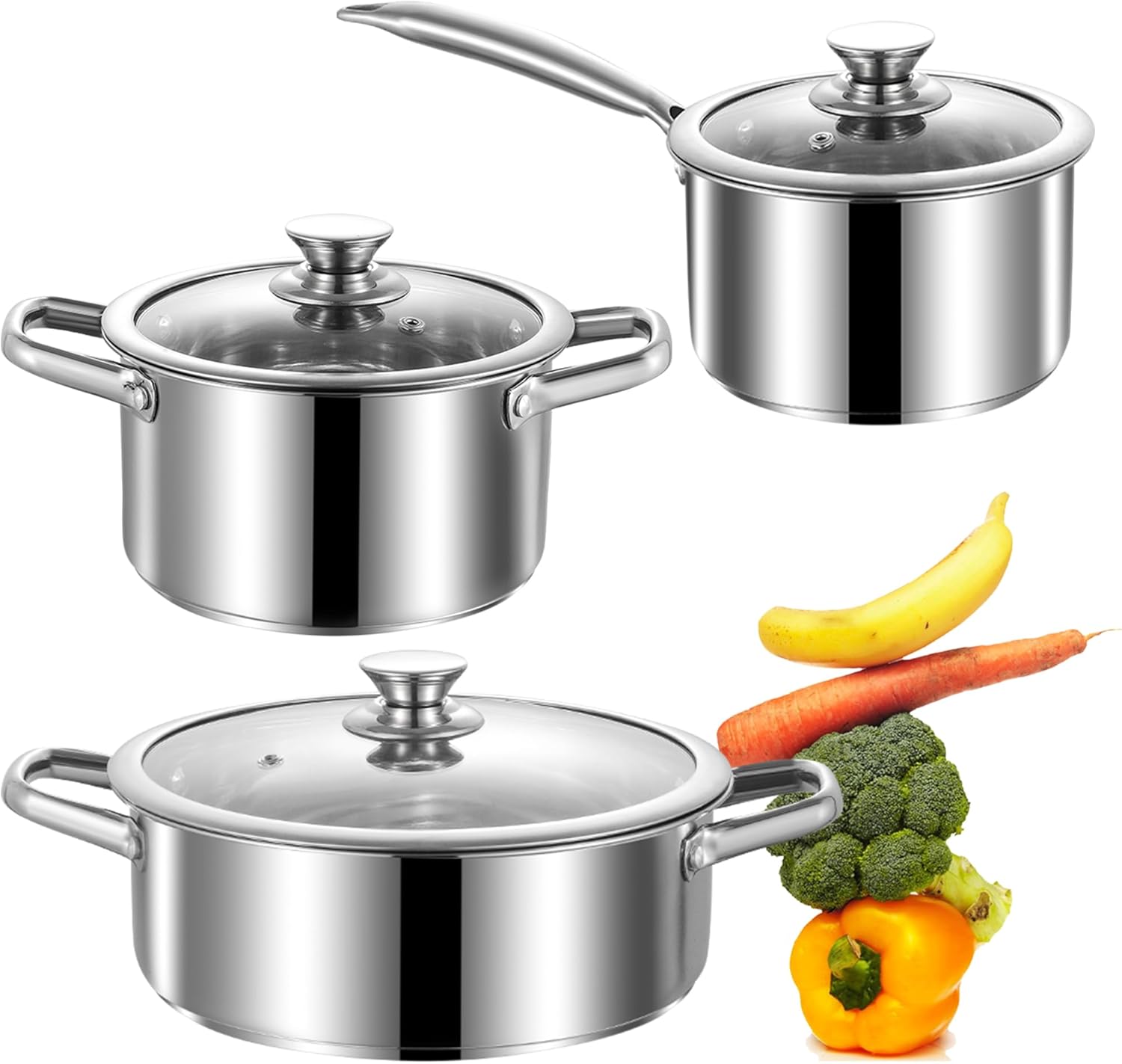 SHEUMNT Stainless Steel pots and Pans Set, 6 PCS Nonstick Induction Kitchen Cookware Set, Works with Induction/Electric and Gas Cooktops, Nonstick, Oven Safe, Camping Cookware
