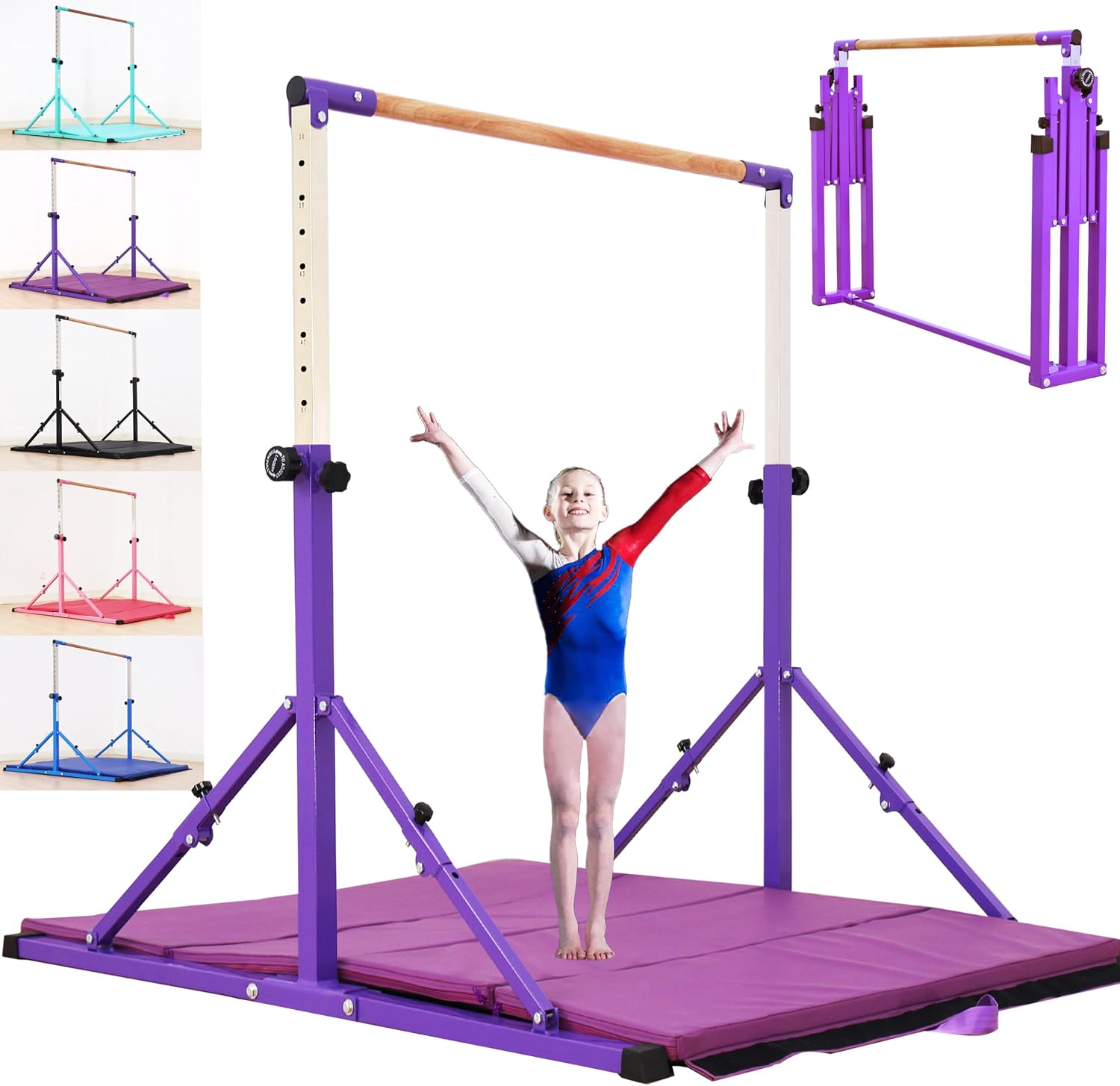 Marfual 5 Ft Fold Gymnastic Bar Kip Bar with 4 Ft Inner Width 5 ft Adjust Height Gymnastic Equipment for Kids and Girl and Teenage Home and Club Use