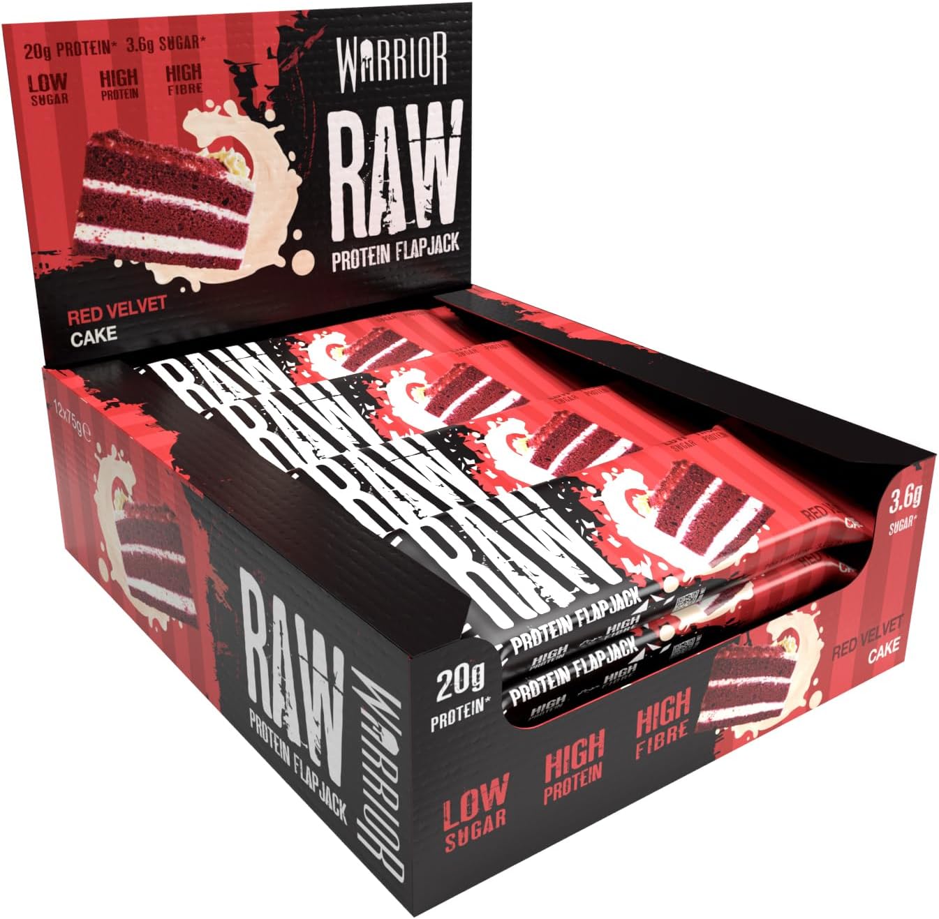 Warrior Raw Protein Bars – 12 x 75g Oat Bar Flapjacks – High Fibre, Low Sugar – Ideal Meal Replacement or Healthy Nutrition Energy Snacks – HFSS/GMP Certified – UK Made (Red Velvet Cake)