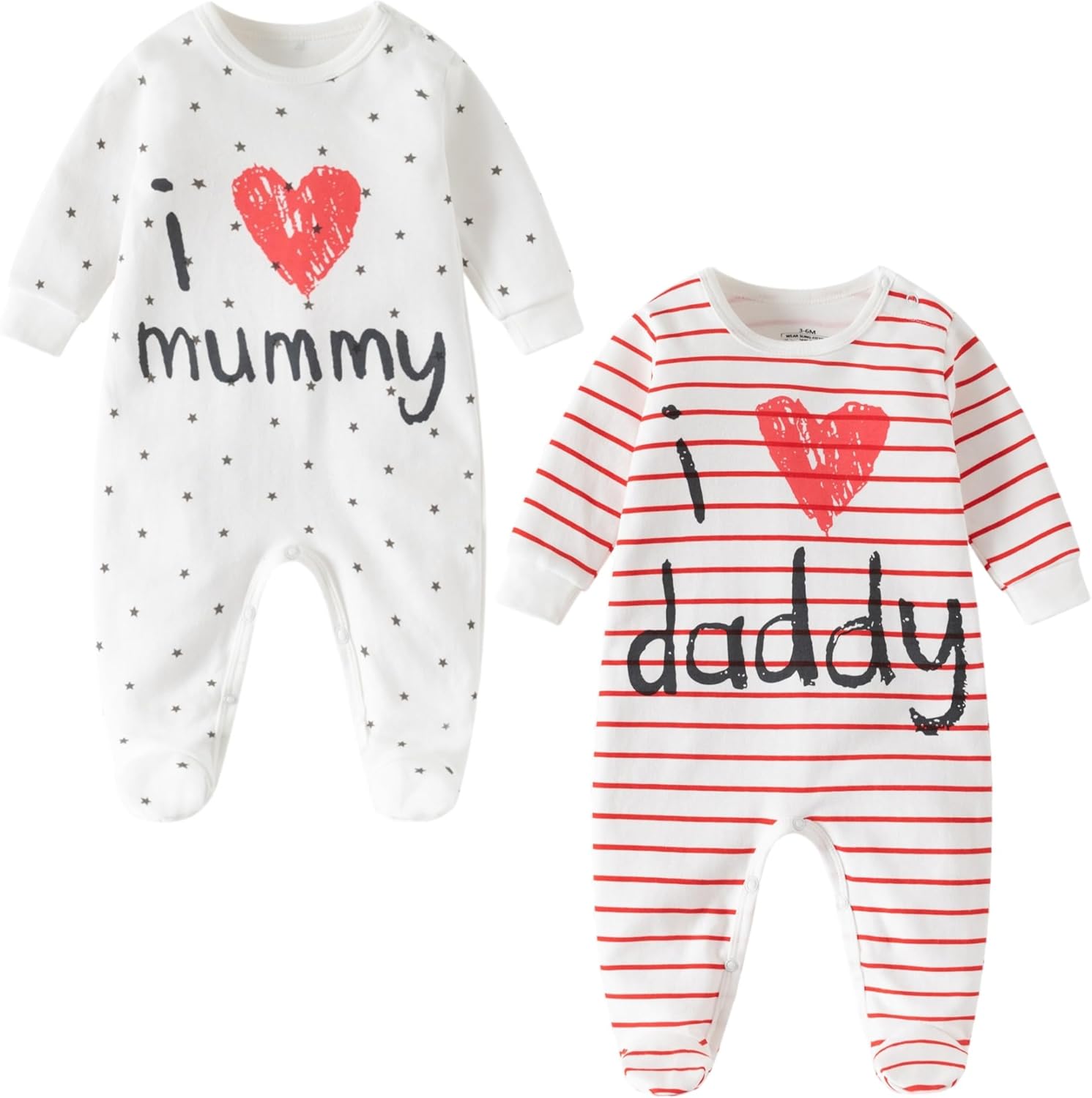 Lullaby Layers Unisex Baby Sleepsuits 2 Pack – I Love Mummy & Daddy Cotton Footed Rompers – Newborn to 24 Months Baby Bodysuits for Boys and Girls