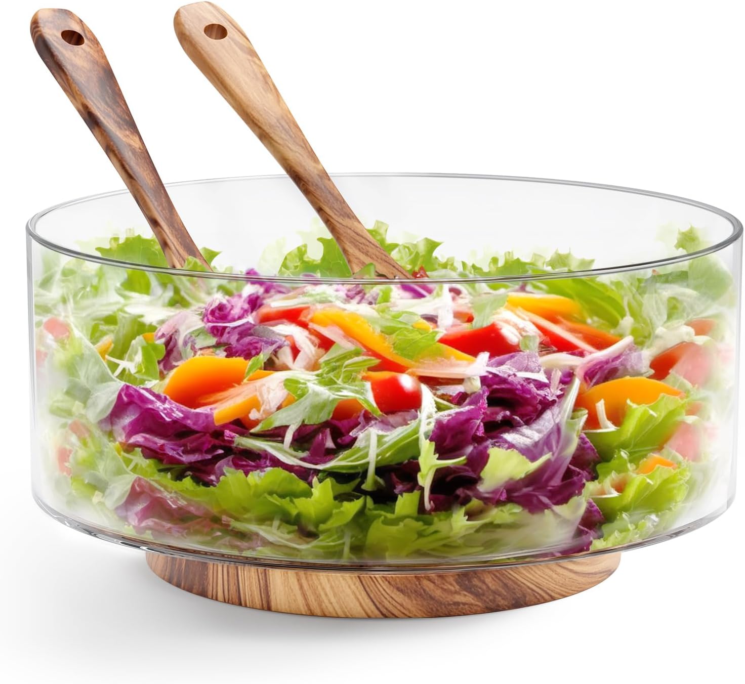 Large Salad Bowl with Acacia Wood Base and Serving Utensils, Clear Glass Serving Bowl Set for Fruits, Cakes, Pasta, Desserts, Dishwasher and Microwave Safe and Easy to Clean