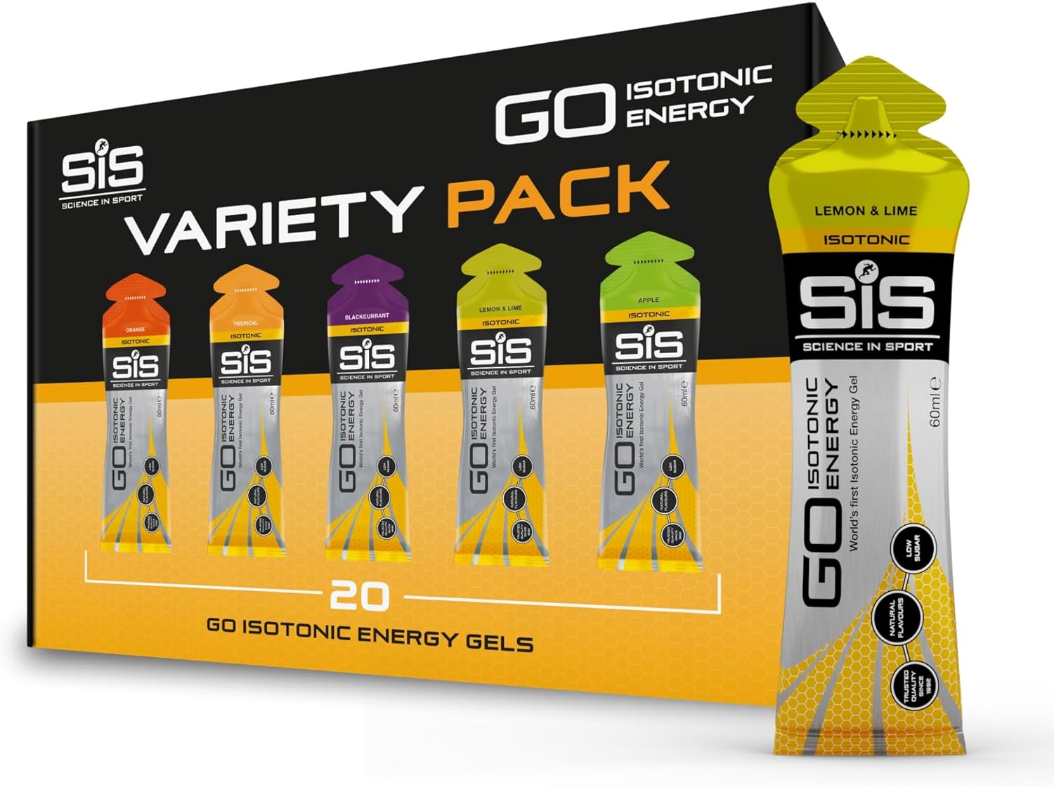 Science In Sport GO Isotonic Energy Gels, Running Gels with 22g Carbohydrates, Low Sugar, Variety Pack of Assorted Flavours, 60ml Per Serving (20 Pack)