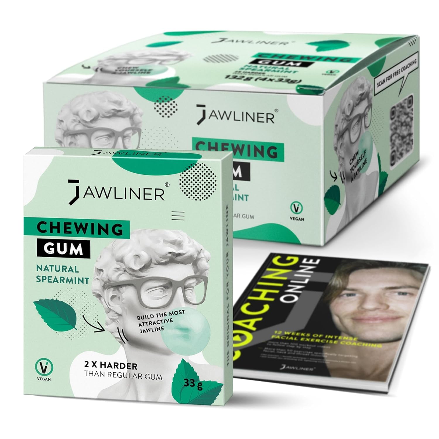Jawliner® Hard Jawline Chewing Gum - Sugar Free Spearmint Tough Jaw Gum - Jaw Exerciser Strong Mewing Jawline Mistic Gum - 2x Harder than Regular Chewing Gum 130 Grams (48 Strips)