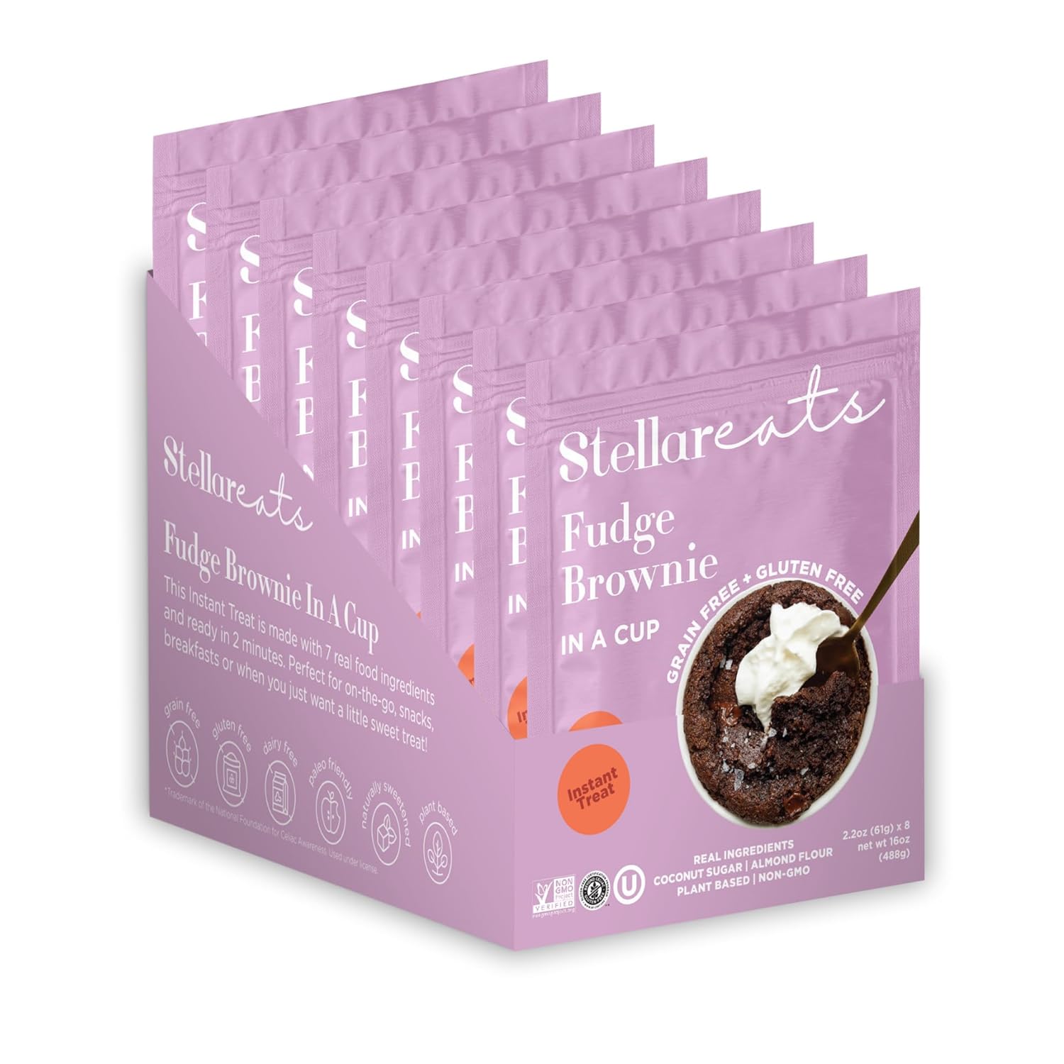 Stellar Eats Grain-Free Fudge Brownie Instant Treat in a Cup | Single-Serve | 7g Protein | Gluten-Free, Dairy-Free, Plant-Based, Paleo-Friendly | Made with 7 Real Ingredients | 8 Pack