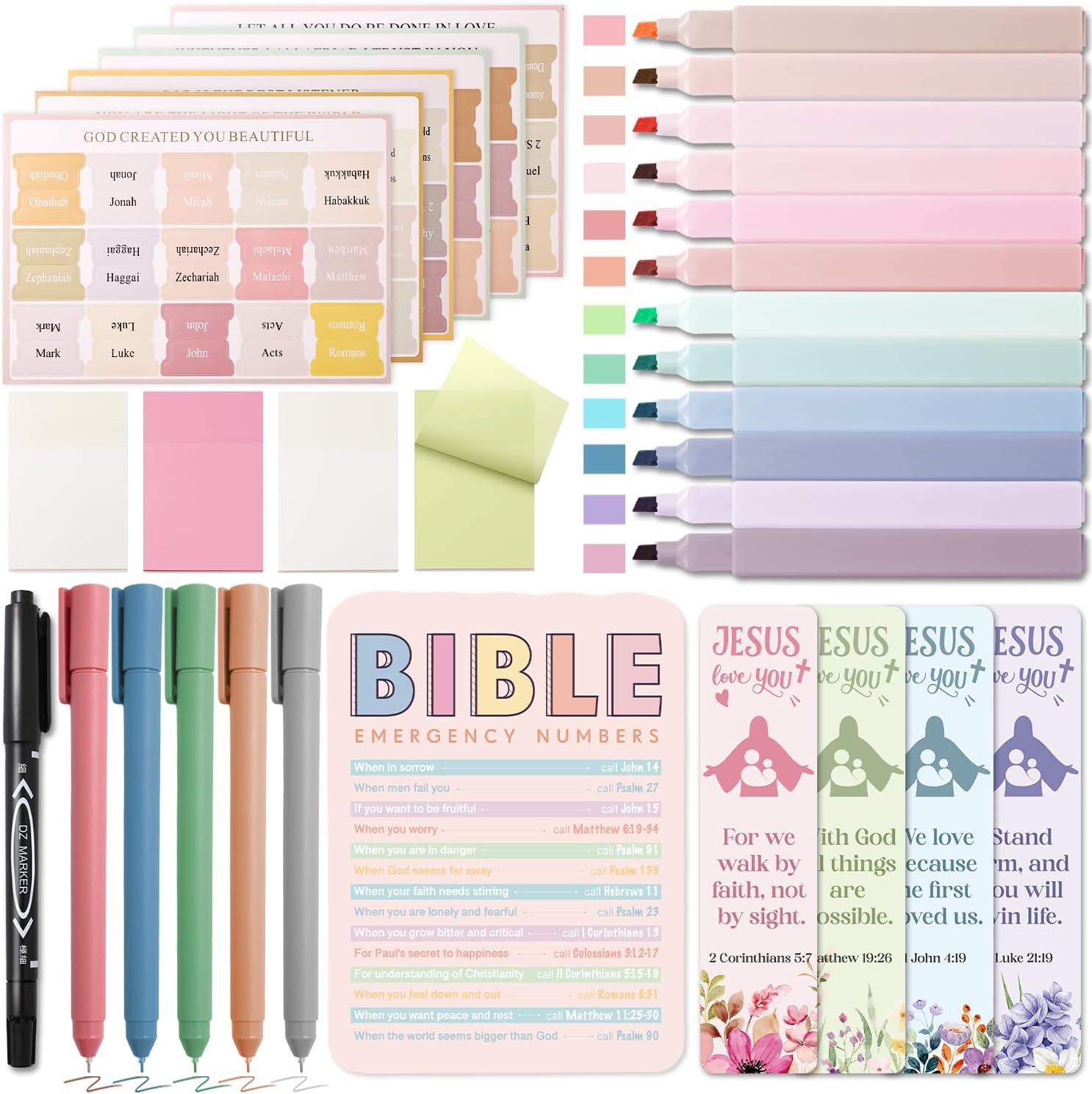 XKDOUS Bible Study Supplies Journaling Kit, Morandi Colored Bible Study Kit Journaling Supplies with 12 Pastel Highlighter and 90 Index Tabs Set, 5 Smooth Pens and More, Christian Gifts for Women