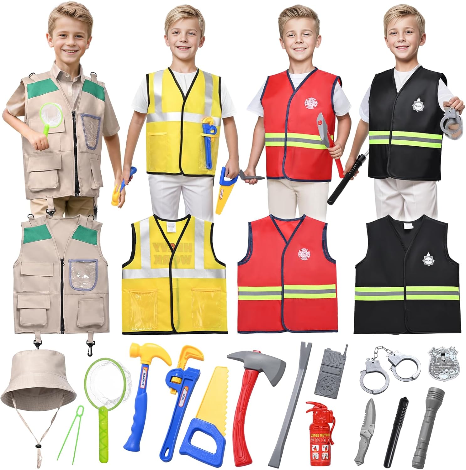 Kids Police Fireman Explorer Construction Worker Costume, Dress Up Outfit Roleplay Kids Dressing Up Costumes Boys Girls for 3-8 Years Toys Accessories Fancy Halloween Cosplay Suit