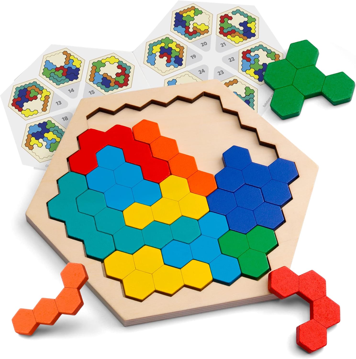 Coogam Wooden Hexagon Puzzle - Shape Block Tangram Brain Teaser Toy Geometry Logic IQ Game STEM Educational Gift for All Ages Challenge