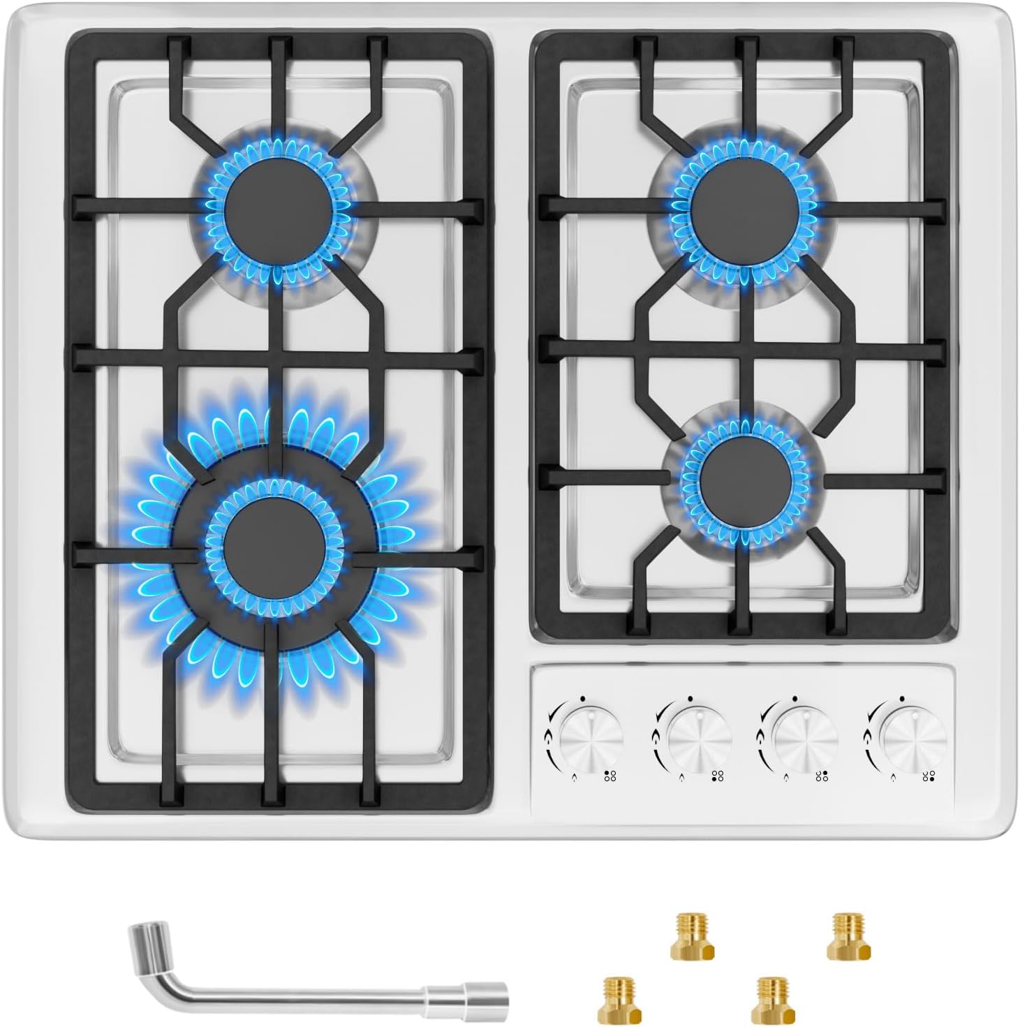 Gas Hob,Built-in Stainless Steel Gas Hob 4 burners with Flame Failure Protection,Cast iron grille,Power cable110cm/43in,Cast Iron Pan Support,LPG/NG Kit,60cm x 51cm