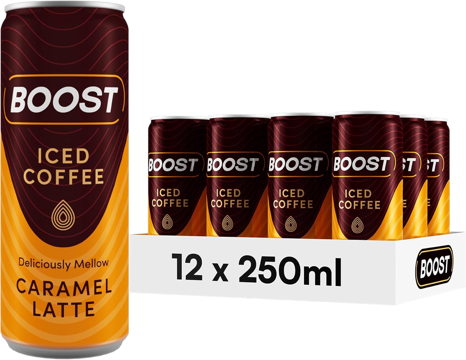 Boost Iced Coffee Cans Caramel Latte | 12 Canned Drinks with High Caffeine, Arabica and Robusta Coffee Beans and Milk | Ice Coffee Bulk Drinks | Gluten Free Caramel Coffee Drinks Multipack | 12x250ml