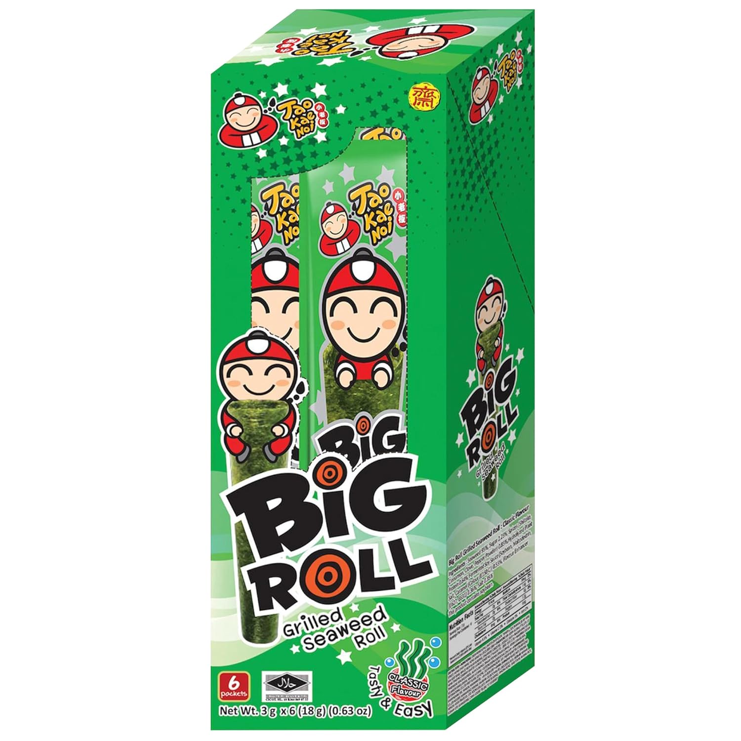 Big Roll Grilled Seaweed Snacks by Tao Kae Noi, Original Flavor Grilled Seaweed Rolls, Healthy Nori Sheet Rolls for Kids and Adults, Nori Snacks, 6 pack, 3g Bags