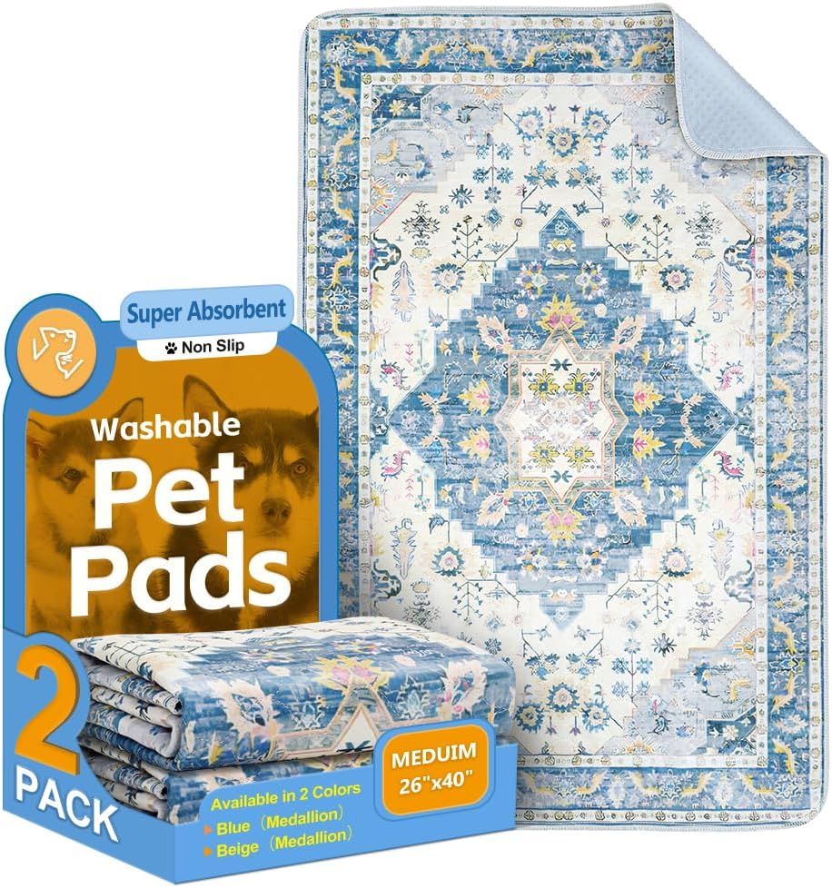 Washable Pee Pads for Dogs, 2 Pack Reusable Puppy Training Pads 102x67cm Super Absorbent Waterproof Dog Training Pads, Non-Slip Potty Pads for Floor, Crate, Whelping Pads Litter Mat Pet Supplies