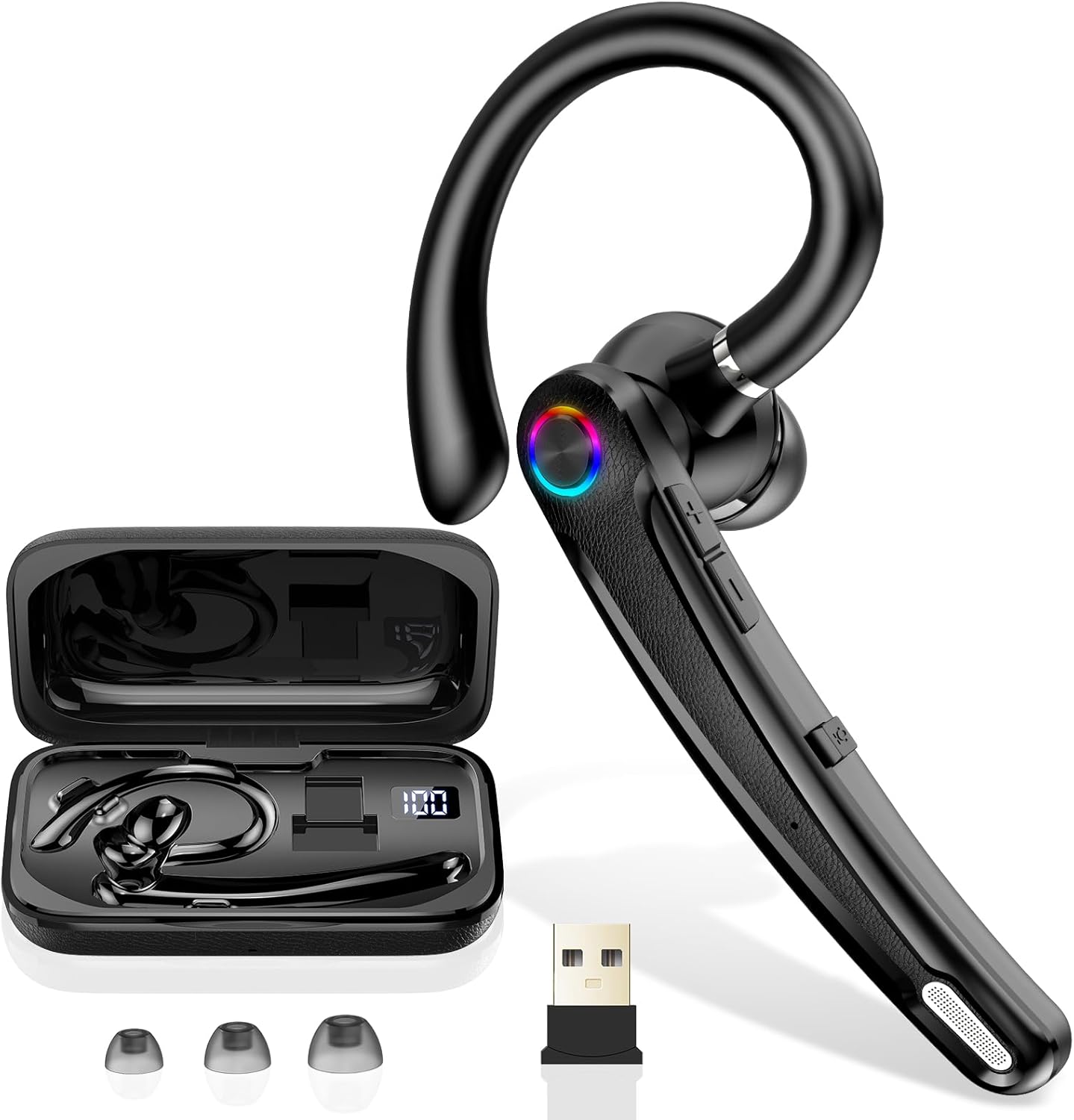 Atheewon Bluetooth Headset V5.4, 115H Handsfree Bluetooth Earpiece with Dual ENC Noise Reduction, Wireless Headset with Mute and Dual Pairing Function, Earpiece Wireless with USB Dongle for Computer