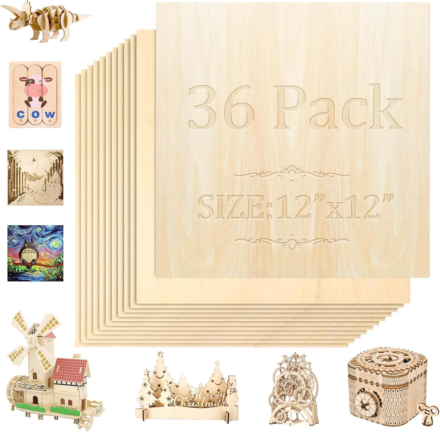 36 Pack Basswood Sheets,12"x12"x1/8" 3mm Basswood Plywood,Craft Wood,Unfinished Wood,for DIY Ornaments and Model Engraving, Wood Burning, Architectural Models, Drawing、Wood for Laser Cutting