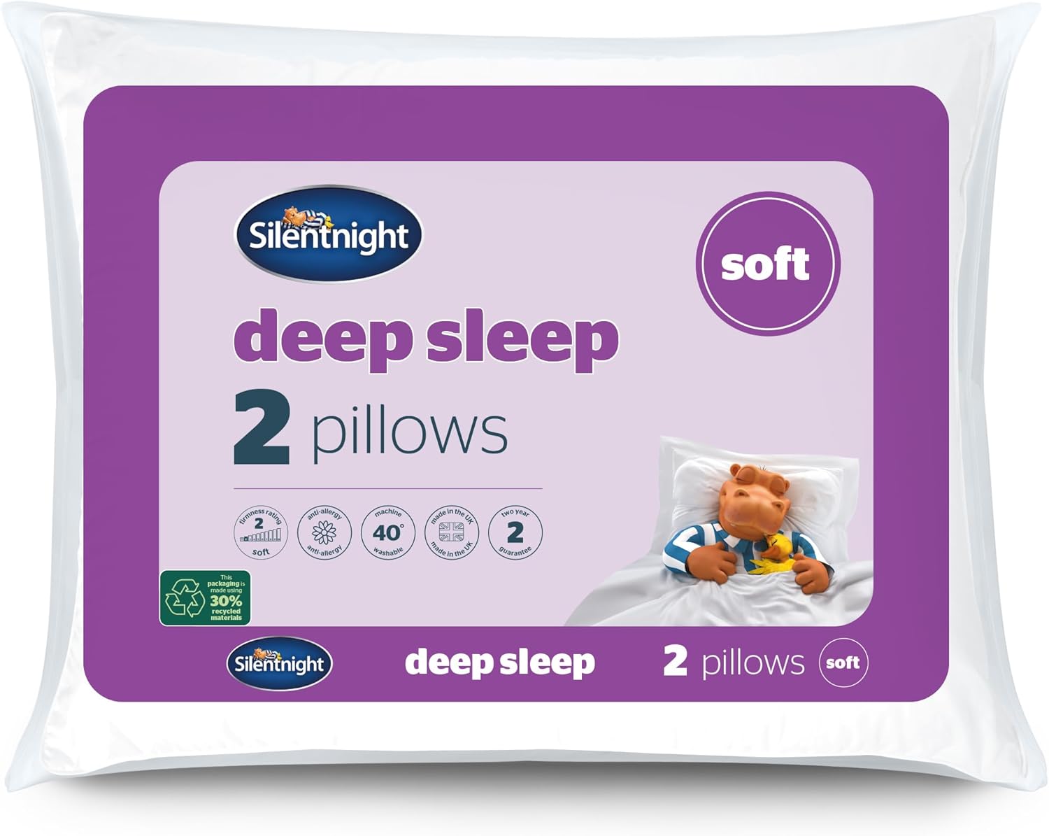 Silentnight Deep Sleep Pillows 2 Pack - Soft Support Pillows Comfortable Bed Pillow Designed for Front and Stomach Sleepers - Hypoallergenic and Machine Washable - Pack of 2