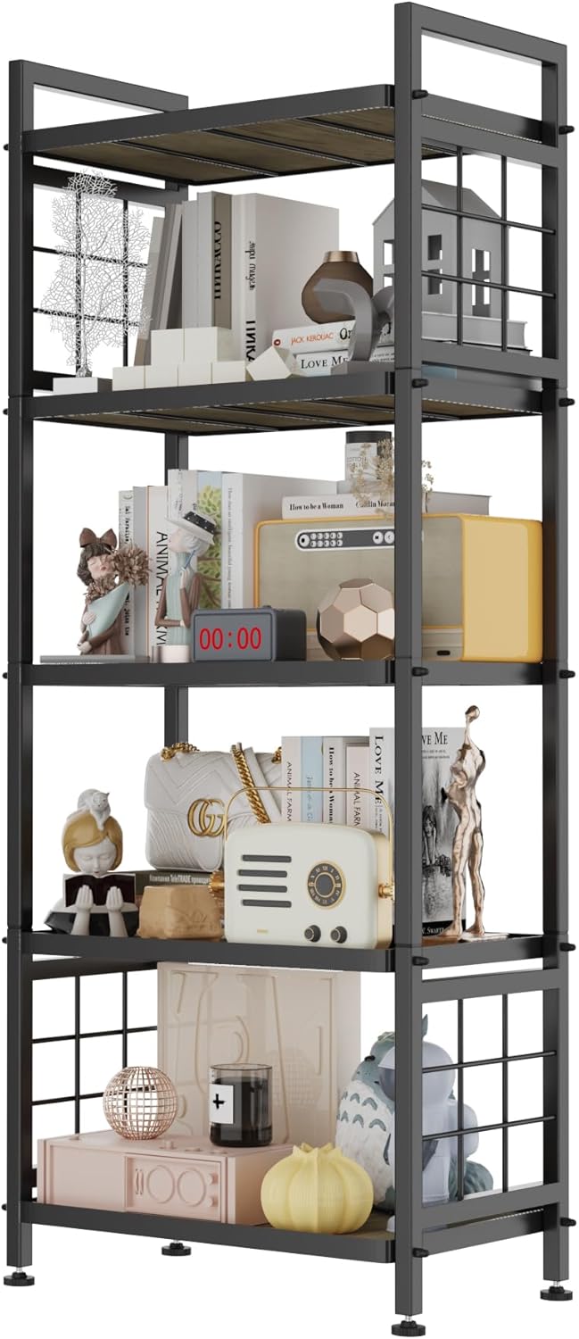 GIOTORENT 5-Tier Pantry Shelves with Wooden Boards, Heavy Duty Storage Shelves & Book Shelf, Adjustable Metal Shelving Unit for Kitchen Bathroom Laundry Organizer, Sturdy Rust-Resistant, Black