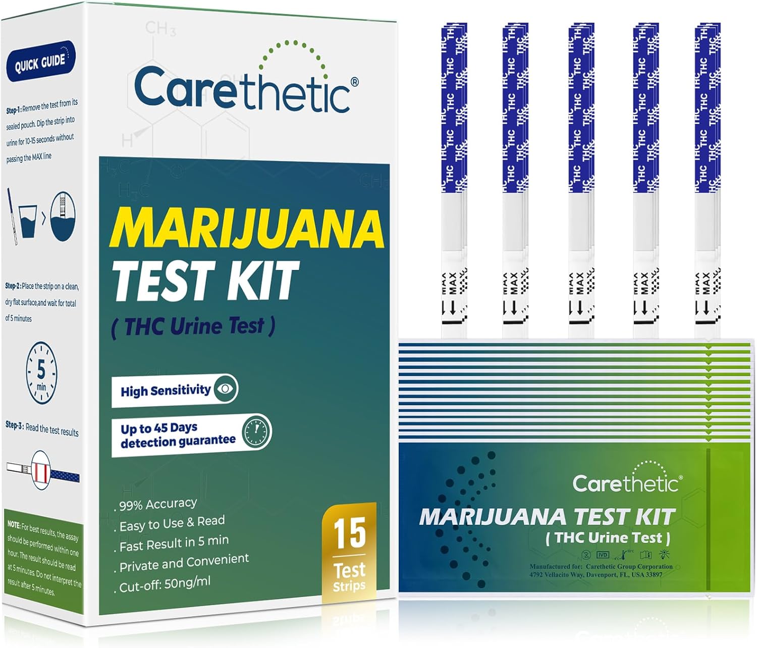 THC Test Kit - Marijuana Urine Test Strips, 15 Pack, 45-Day Detection, Over 99% Accurate - Home Use