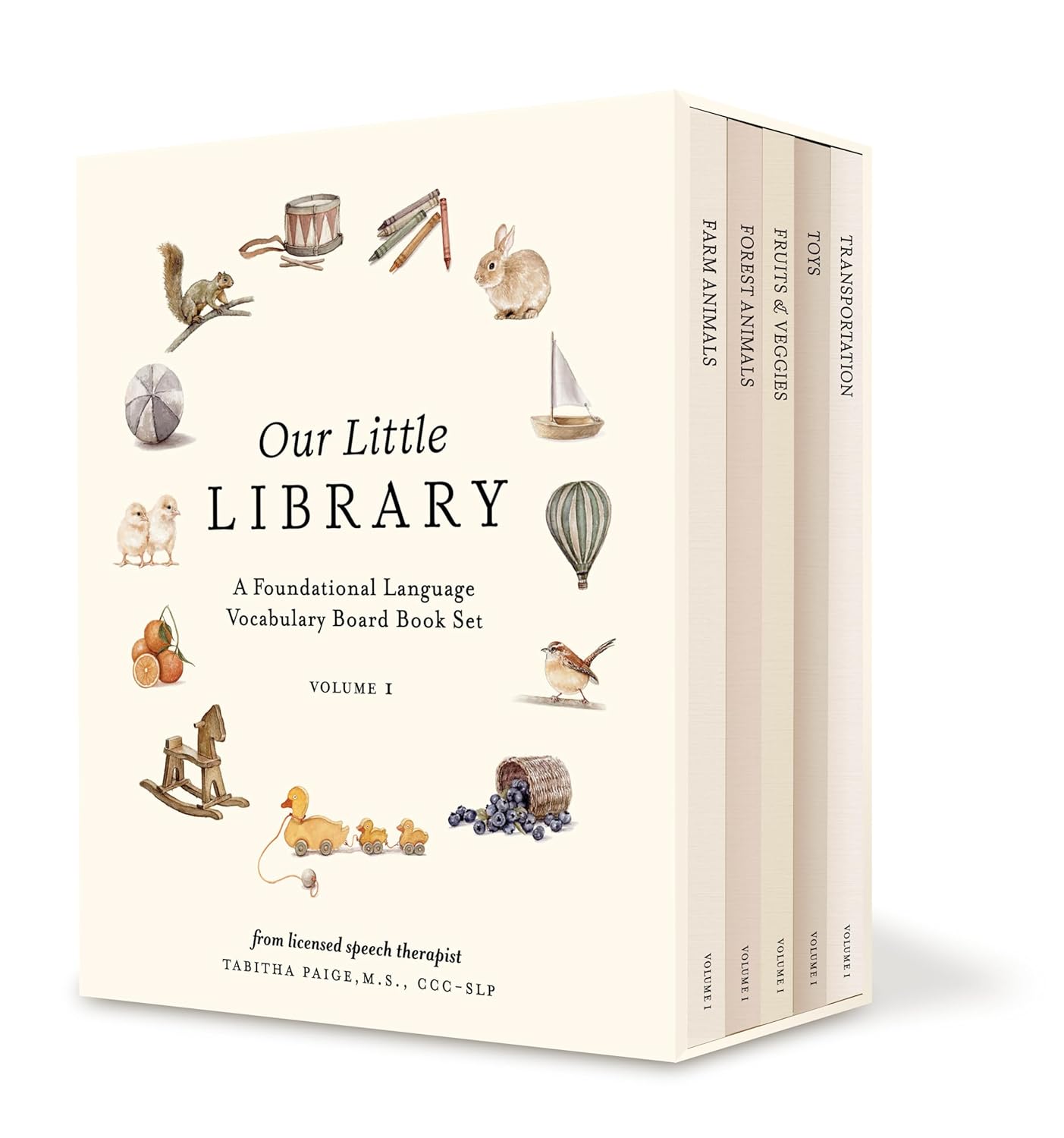 Our Little Library: A Foundational Language Vocabulary Board Book Set for Babies, Including Farm & Forest Animals, Fruits & Veggies, Toys & More (Tabitha Paige Children's Book Series)