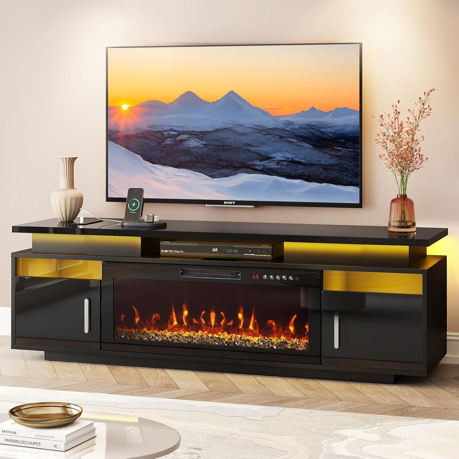 YGEOMER TV Stand with Fireplace, 67in Entertainment Center with Opening Shelves Modern Storage Cabinets and LED Lights, for 80 Inch TVs, for Living Room, Black