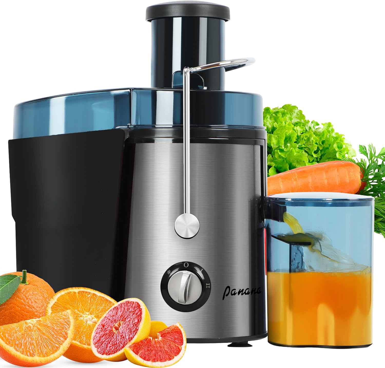 Panana Centrifugal Juicer Extractor with Wide Mouth 2.5” Feed Chute for Fruit Vegetable, Easy to Clean, Stainless Steel, BPA-free (Silver)