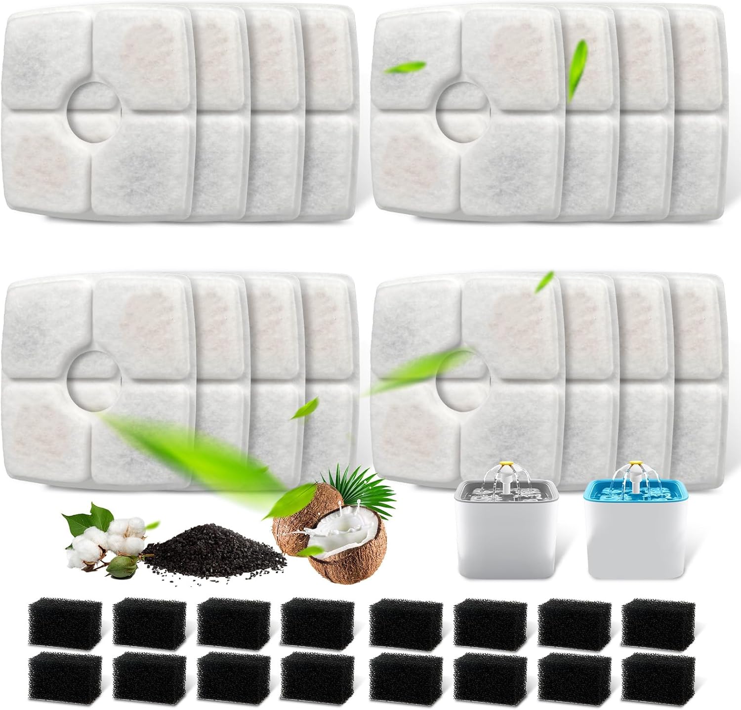 16 + 16 Pack Replacement Filters & Pre-Filter Sponges for Veken 84 oz / 2.5L Pet Fountain, Triple Filtration System Filter Set for Cat Water Fountain & Dog Water Dispenser