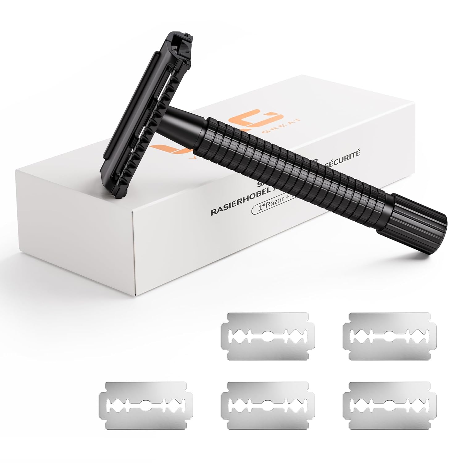 Butterfly Open Double Edge Safety Razor, Single Blade Razor with 5 Blades, One Blade Razor for Women, Men, Reusable, Free of Plastic, Black