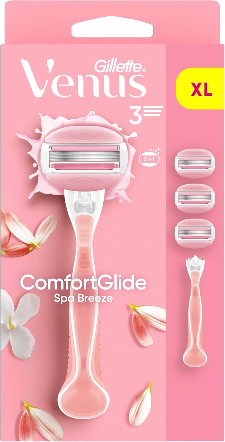 Gillette Venus ComfortGlide Women’s Razor Spa Breeze, 1 Refill Razor Cartridges, Reusable Metal Handle and Shower Holder