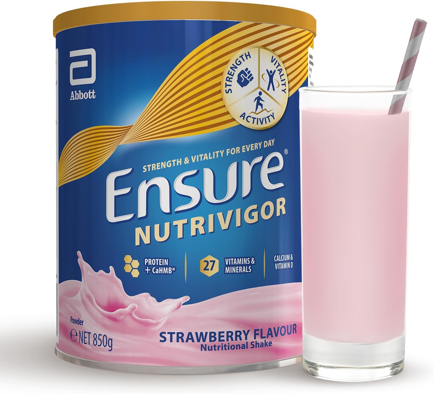 Ensure NutriVigor Nutritional Shake – Strawberry Flavour – 850g – Food Supplement with Protein, HMB & 27 Vitamins & Minerals – Supports Strength, Energy & Immunity – With Vitamin D, C & B