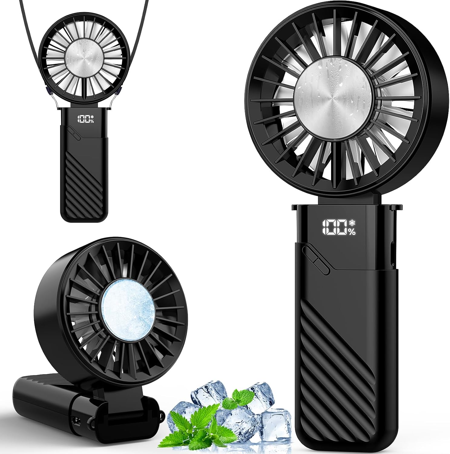 COZII Hand Held Fan Portable, Mini Handheld Fan Rechargeable 5000mAh, Up to 18Hours with Ice Cooling Fan, 5 Speeds Desktop Fans Foldable, Hanging Neck Fan for Travel, Office, Outdoor