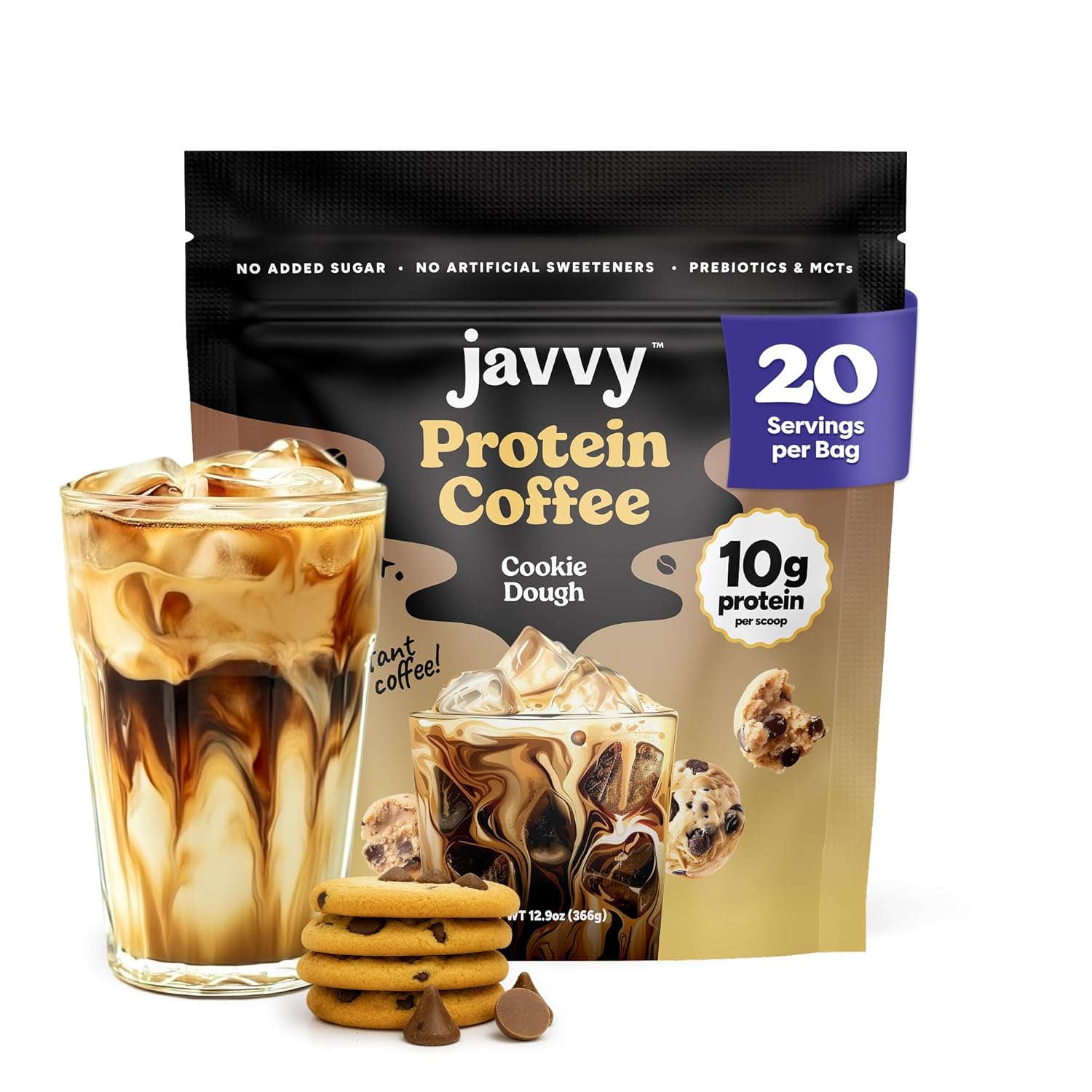 Cookie Dough Protein Iced Coffee - Premium Whey Protein & Instant Iced Coffees - 100% Natural Cold Brew Coffee - Zero Artificial Flavors & Sweeteners, 80 mg Caffeine Per Serving, 20 Servings