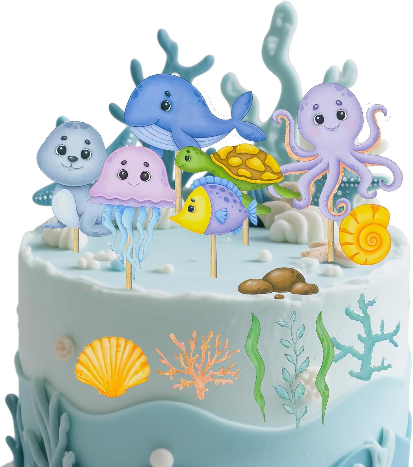 14-Piece Ocean Animal and Plants Cake Toppers - Whale, Turtle, Octopus Paper Decorations for Boys and Girls Birthday Party Cakes and Cupcakes