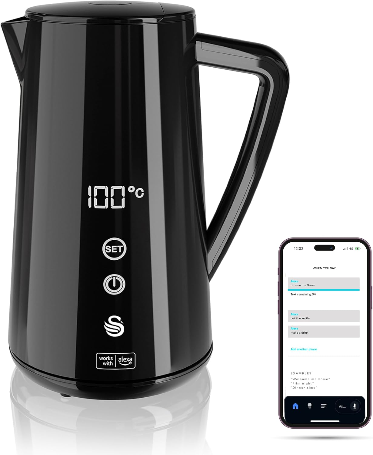 Swan Alexa Smart Kettle, 1.5L Voice-Controlled Kettle with LED Touch Panel, 6 Temperature Settings, Keep Warm Function, Double Wall Insulated, Stainless Steel Interior, Black, SK14650BLKN