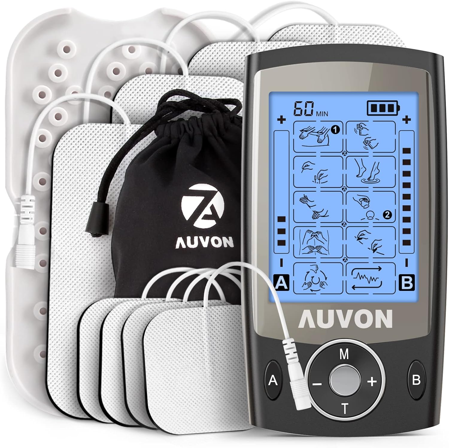 AUVON Dual Channel TENS Machine for Pain Relief, TENS Unit Muscle Stimulator with 20 Modes, 2" and 2"x4" TENS Pads Replacement (Black)