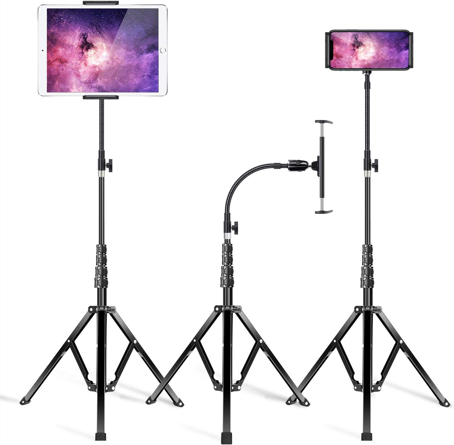 elitehood Metal iPad Tripod Stand & Adjustable 72’’ Gooseneck Tablet Floor Stand Holder, Heavy Duty Aluminum iPad Floor Stand for Pro 12.9 11, Mini, Air, iPhone and 4.7-12.9" Tablets Cell Phones