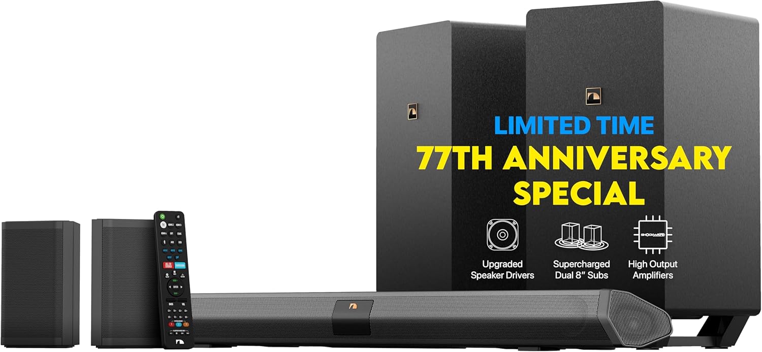 Nakamichi Shockwafe Elite Bluetooth 7.2.4 Channel Dolby Atmos/DTS:X Soundbar with Dual 8” Subwoofers (Wireless), 2 Rear Surround Speakers, eARC and SSE Max Technology, black