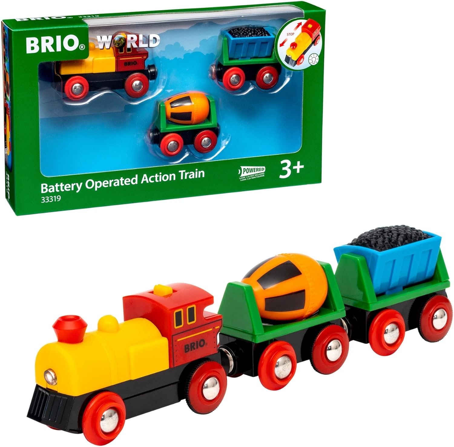 BRIO World Battery Operated Action Train - Motorized for Wooden Tracks - Kids Electric Set - Includes Moving Coal Wagon & Rotating Cement Mixer - Compatible with All Sets - Kids Ages 3 & Up