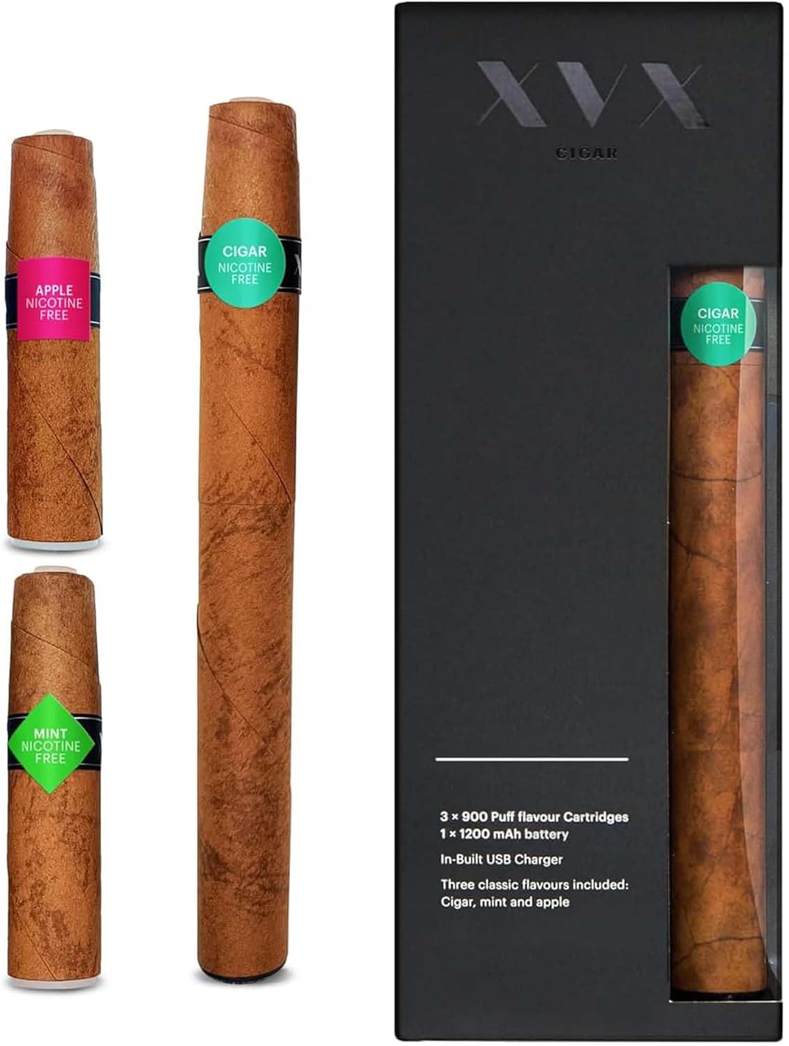XVX CIGAR SOFT TIPS STARTER KIT - Electronic Cigarettes - Rechargeable e Cigar - Includes Prefilled Flavour Cartridges - Apple - Mint - Cigar - 900 Puffs Each - USB Charger & Flavour Changing