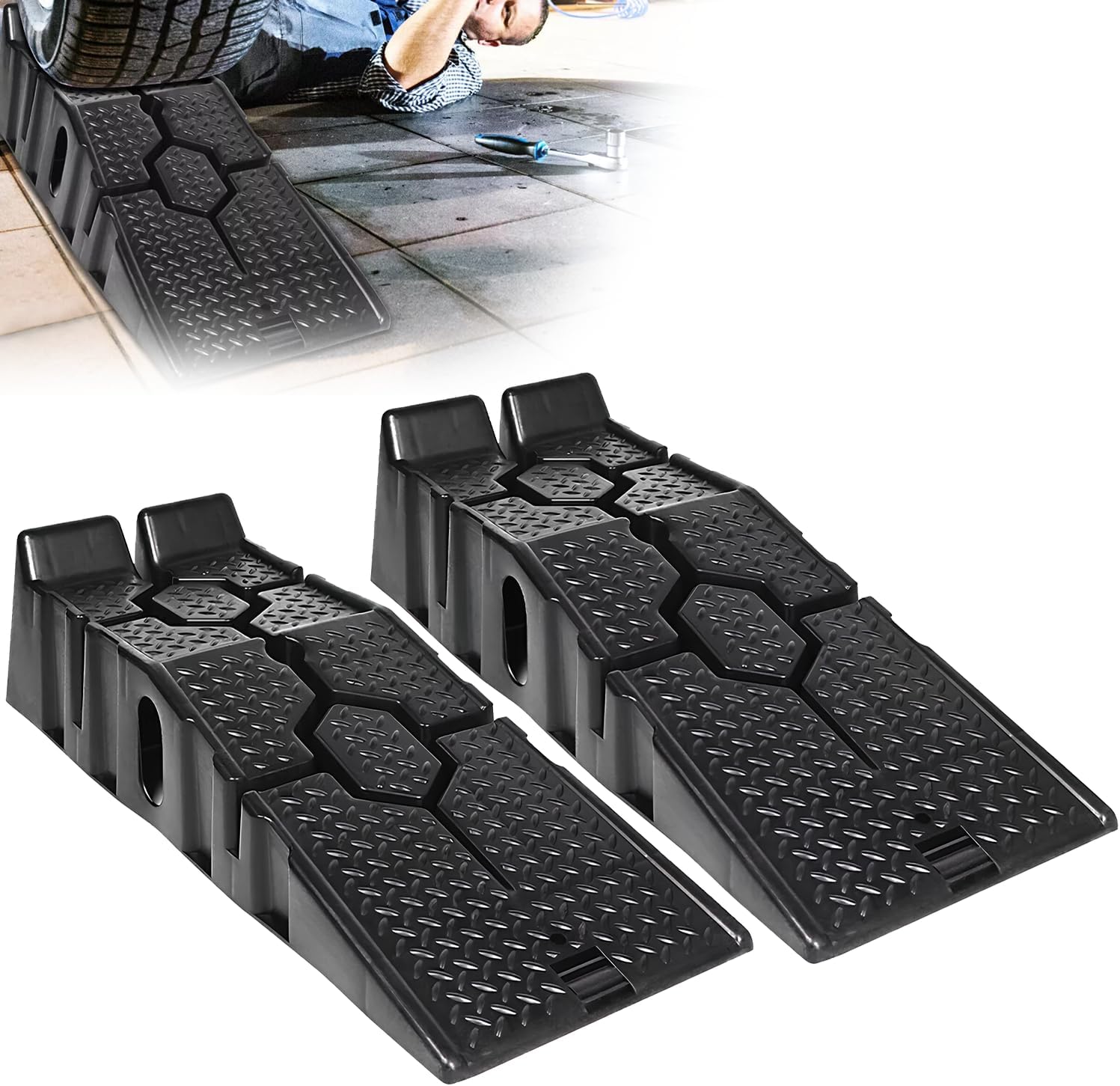 2 pcs 3 ton Plastic Car Ramps, Heavy Duty Garage Ramps, Anti-slip, Black