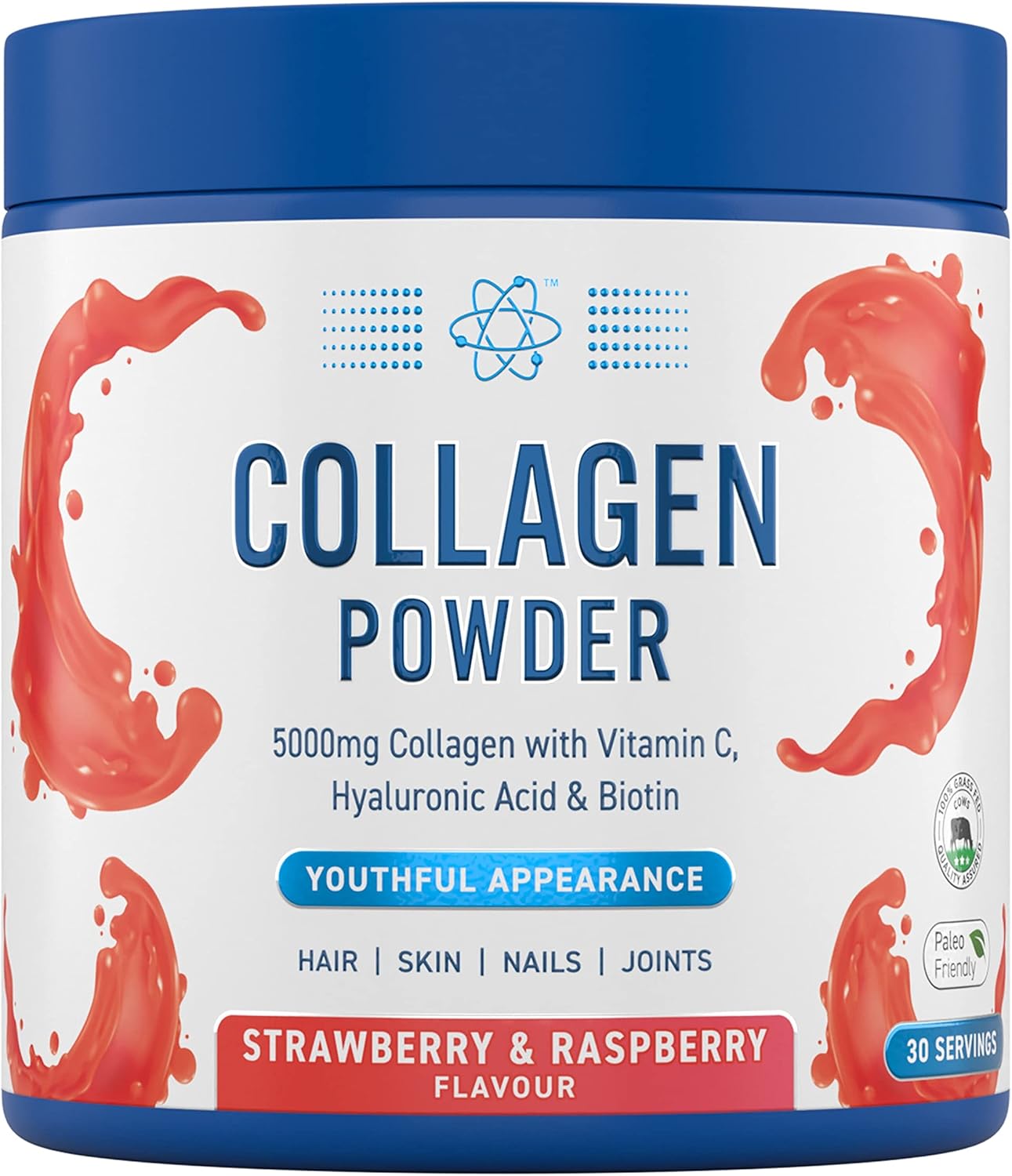 Applied Nutrition Collagen Powder - Strawberry & Raspberry Flavour - 5000mg Hydrolysed Bovine Flavoured Collagen Peptides with Vitamin C, Hyaluronic Acid & Biotin (165g - 30 Servings)