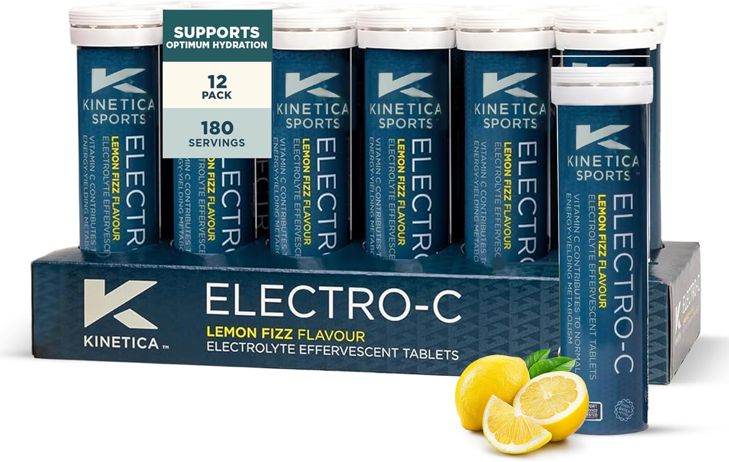 Kinetica Sports Electro-C Electrolyte Tablets – Lemon Fizz Flavour | 180 Tablet (12 Pack, 15 Tablets/Pack) | Effervescent Hydration Drink | Contains Vitamin C, Magnesium, Potassium & Calcium