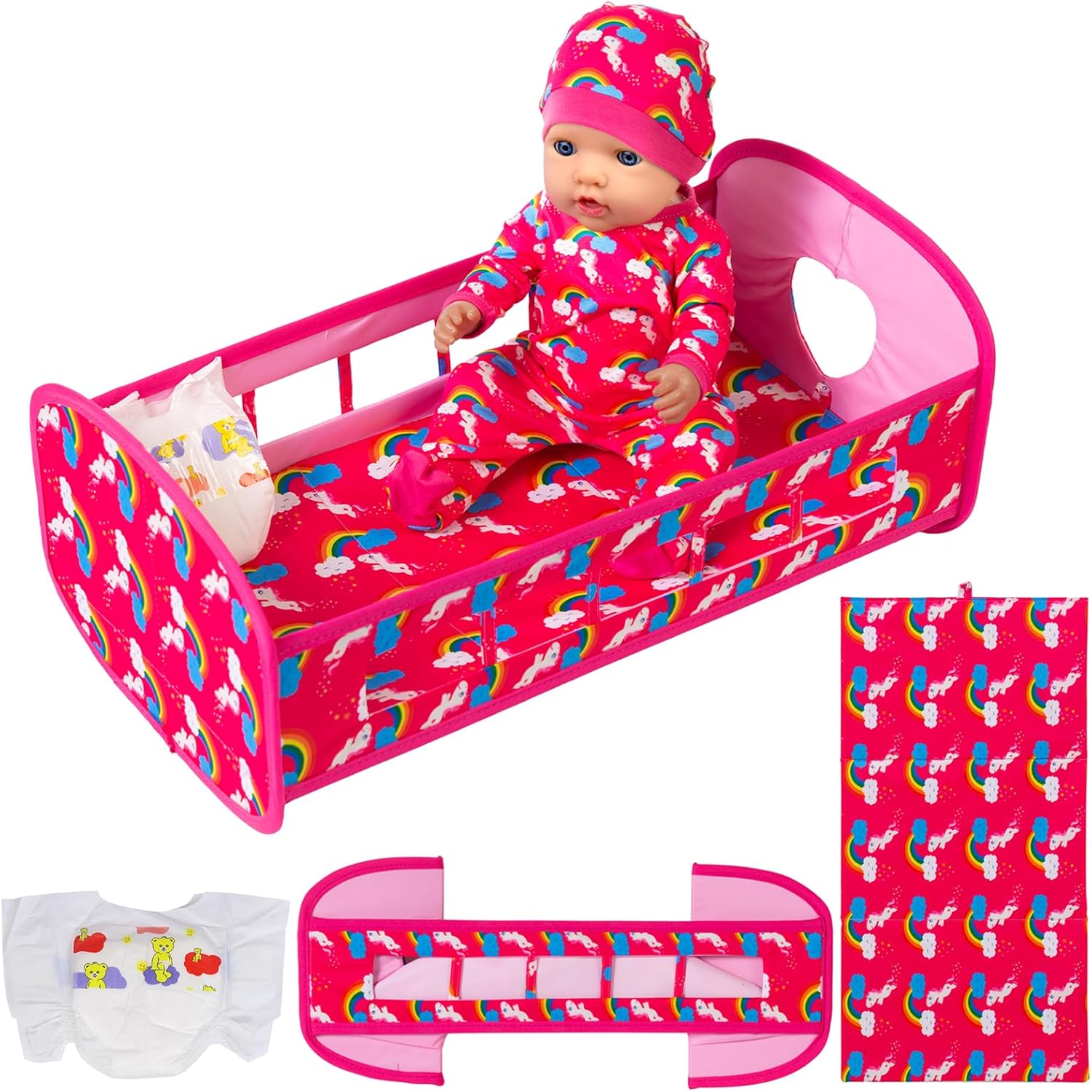 K.T. Fancy 5 PCS Baby Doll Crib 16 Inch Girl Doll Bassinet Bed and Accessories Includes Doll Bed Clothes Rainbow Hat and Diaper Fit for 16-20 Inch Doll