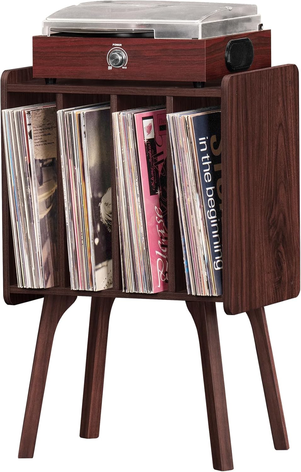 LELELINKY Small Record Player Stand - Width 11.7 in, Walnut Vinyl Record Storage Table with 4 Cabinet Up to 80 Albums, Vinyl Holder with Wood Legs,Turntable Stand Display Shelf for Bedroom Living Room