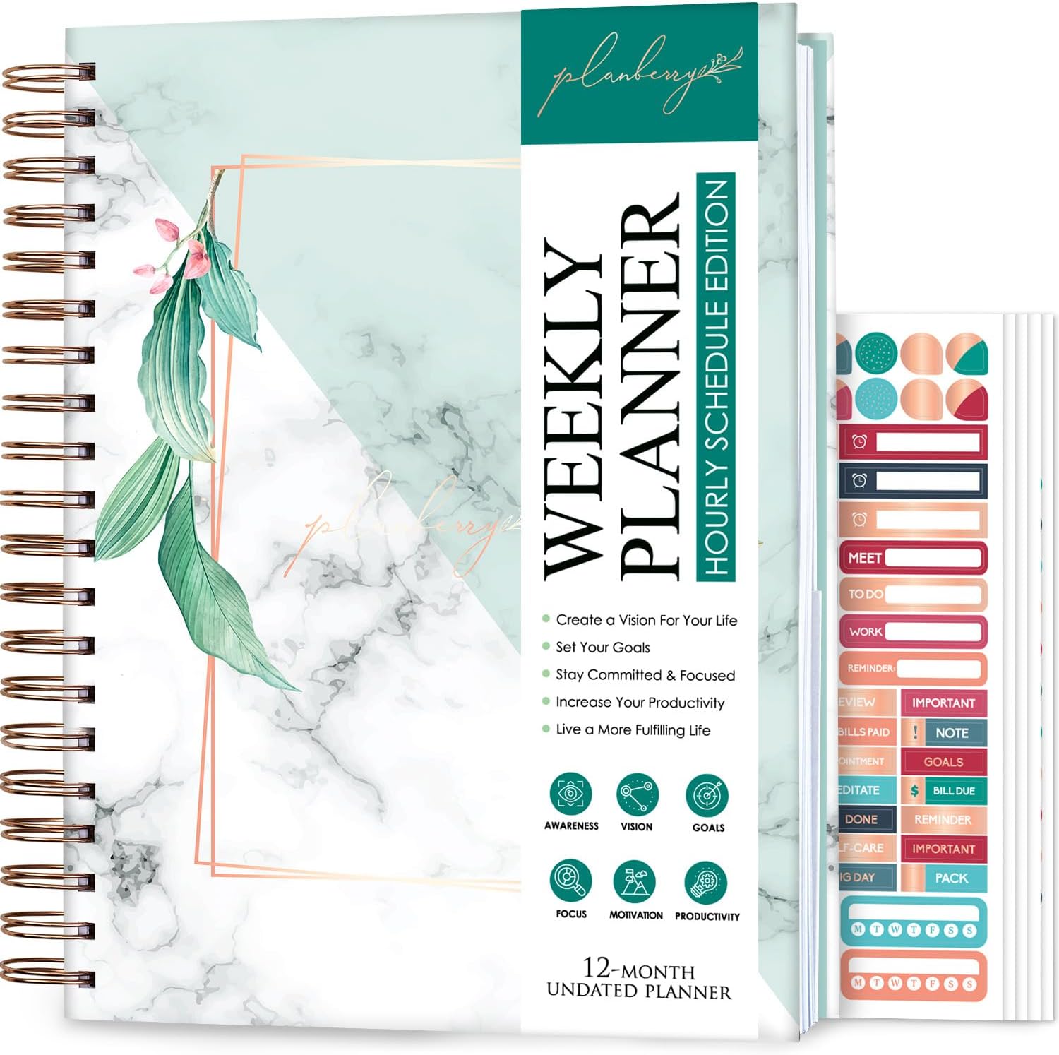 PLANBERRY Large Hourly Schedule Planner Premium – Undated Hourly Schedule & Budget Organizer for Time Management – Productivity Journal with Habit Tracker – 20 x 27cm Hardcover (Natural Green)