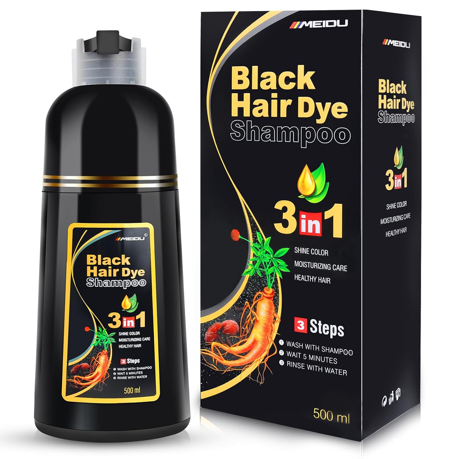IIIMEIDU Black Hair Dye Shampoo 3 in 1 for Gray Hair, Herbal Ingredients Shampoo Black Hair Dye for Women Men, Grey Coverage Shampoo 500ml