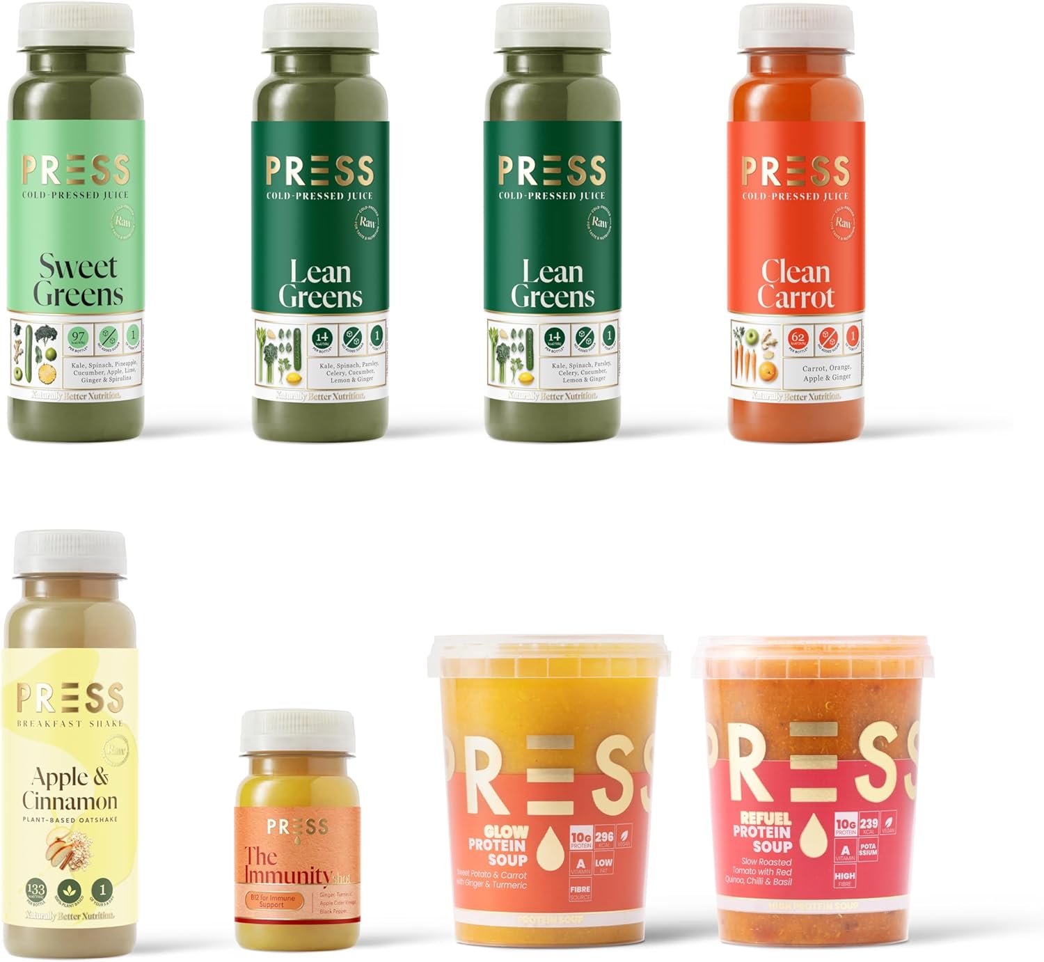 PRESS Healthfoods, 48 Hour Detox Cleanse, Rest Your Body & Mind, Meal Replacement for Weight Control & Health Kick, Contains Green & Carrot Juice, Banana Cashew Milkshake, Ginger Shot & Soups