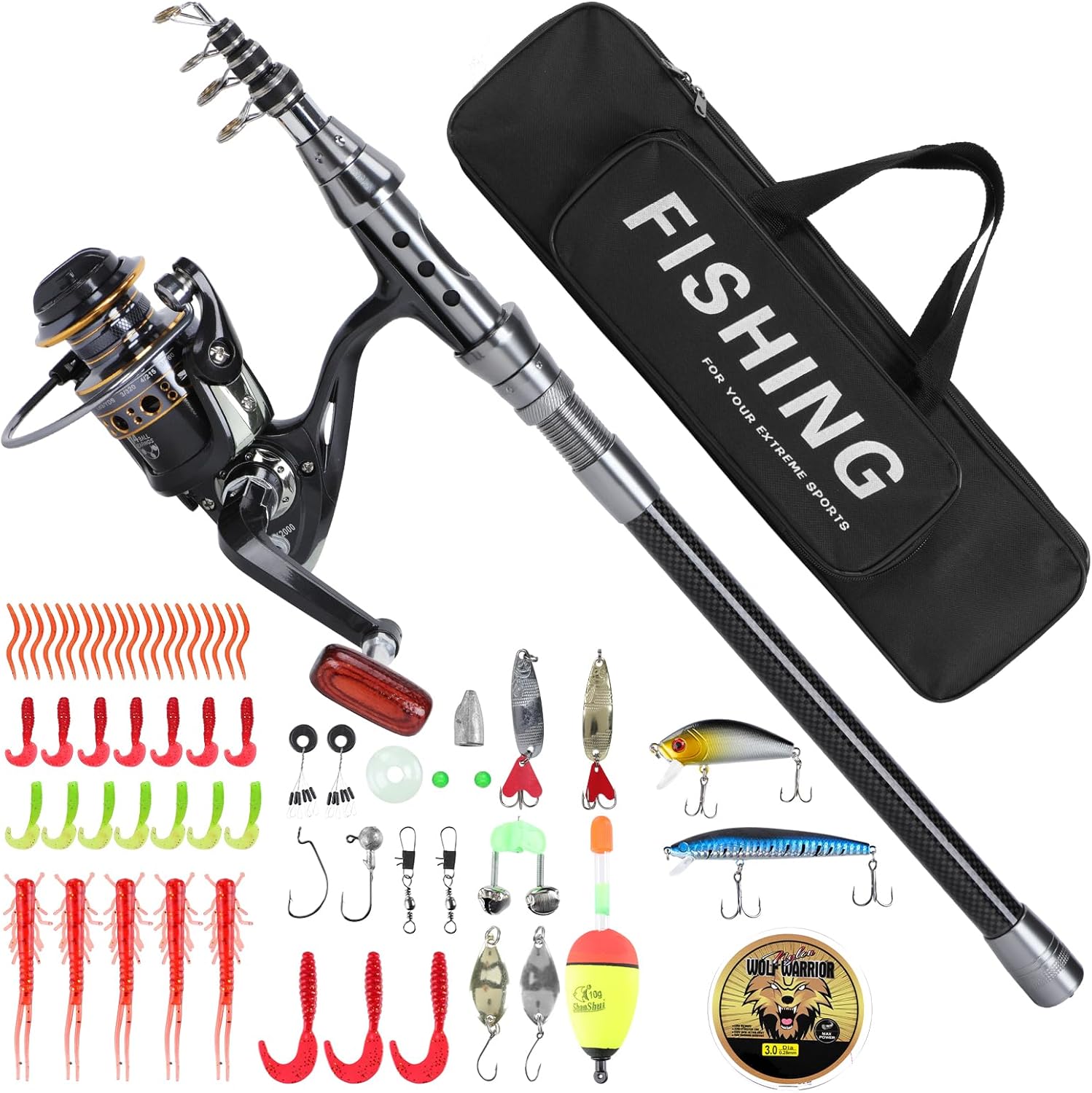 Achort Telescopic Fishing Rod 1.8m and Spinning Reel Combo Set, Portable Fishing Pole Kit with Fishings Line, Fishing Lures Kit & Accessories and Carrier Bag for Travel Surf Saltwater Freshwater