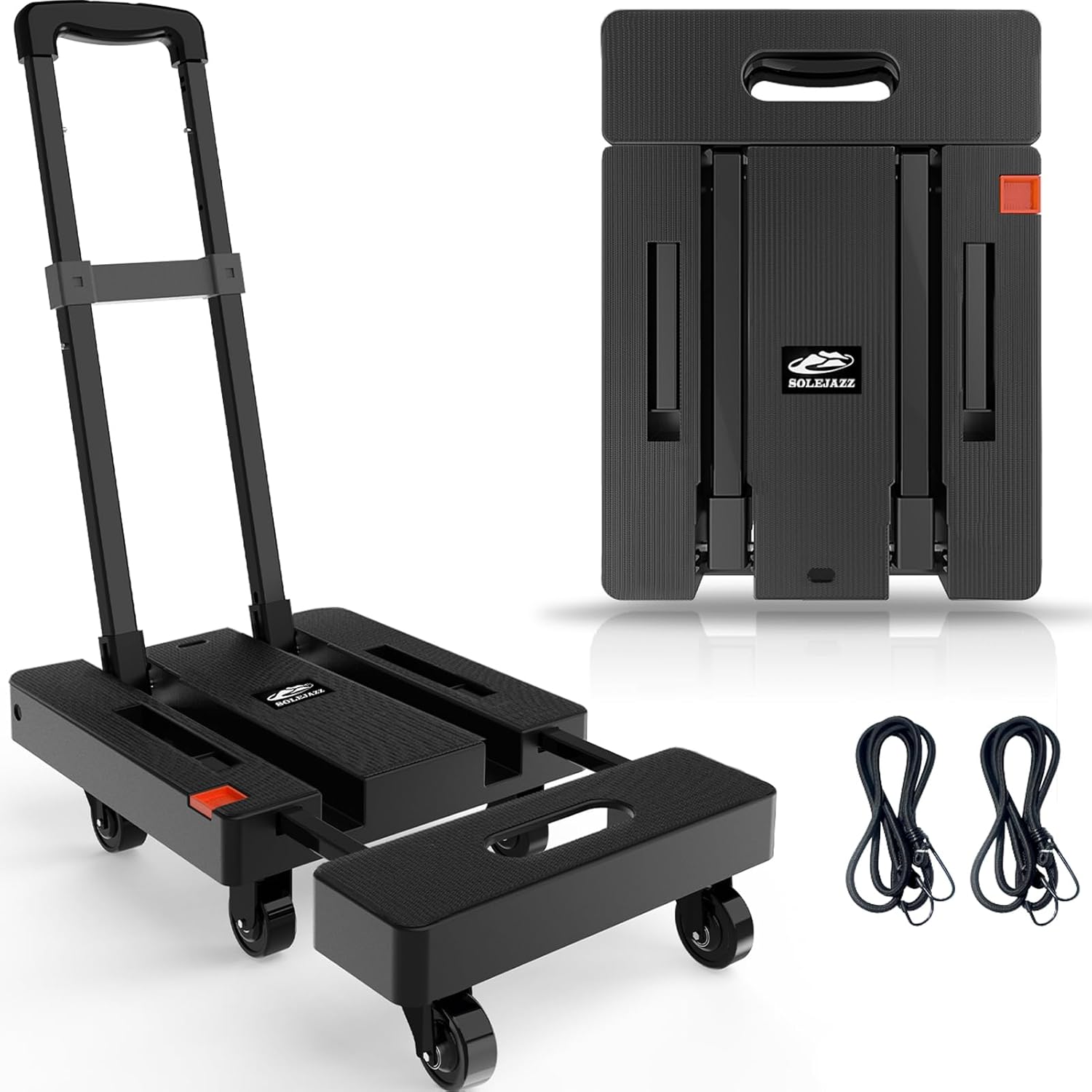SOLEJAZZ Folding Hand Truck, Portable Dolly for Moving, 230KG Trolley with 6 Wheels & 2 Bungee Cords for Luggage, Travel, Shopping, Office Use, Black