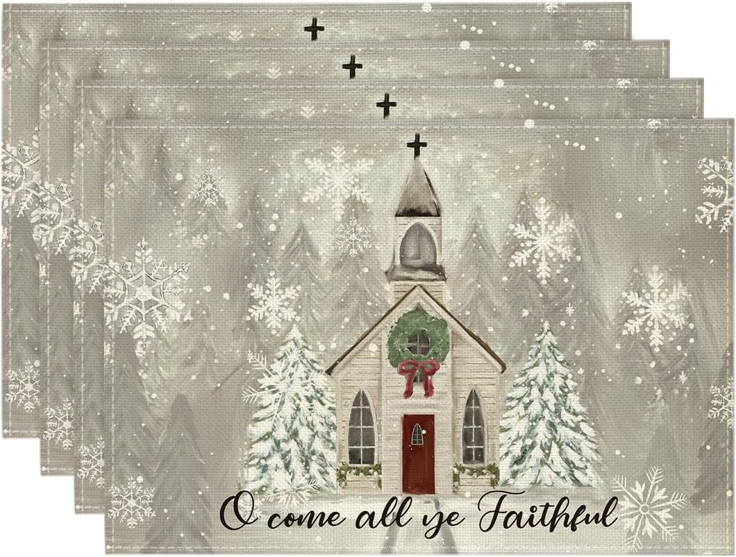 Artoid Mode Church Xmas Trees Snowflakes Merry Christmas Placemats Set of 4, 12x18 Inch Winter Table Mats for Party Kitchen Dining Decoration