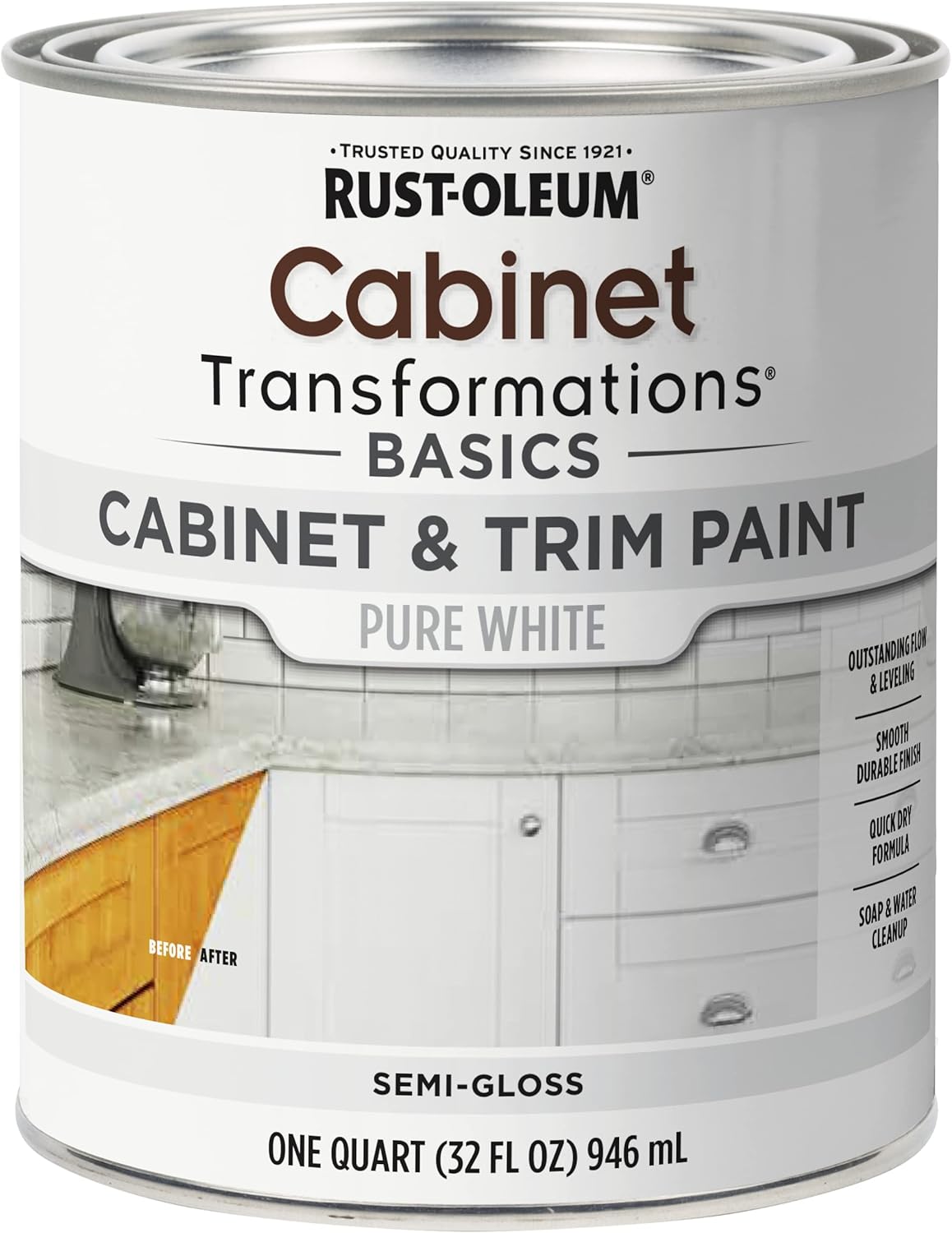Rust-Oleum 372007 Transformations Basics Cabinet & Trim Paint, Quart, Pure White, 32 Fl Oz (Pack of 1)